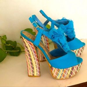 Liliana Bright Blue Peep Toe Platform Heels With Multi Color Heel
